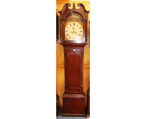 Victorian eight day longcase clock with painted arched dial with boy with dog in arch, in mahogany case, key, weight and pend