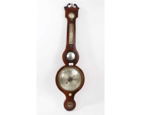 George III banjo barometer with silvered dial and convex glass with swan neck pediment, 97cm