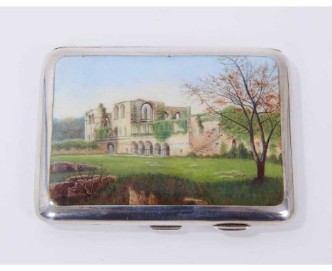 Victorian silver purse/aide memoir of rectangular form, the cover, with enamelled scene of abbey ruins, leather interior with