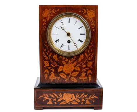 Late 19th century French mantle clock in floral marquetry rosewood case, key and pendulum present, 32cm high