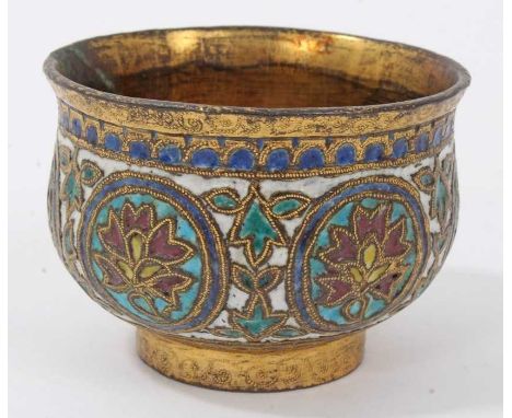 17th/18th century Persian gilt-copper and enamel bowl, bellied form with everted rim and straight foot, decorated with floral