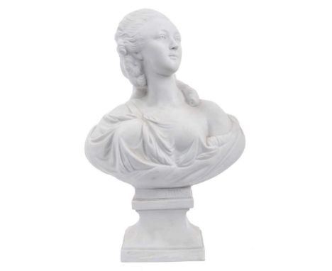 A French biscuit porcelain bust of Madame du Barry, the socle base with impressed title at the front and model number on the 