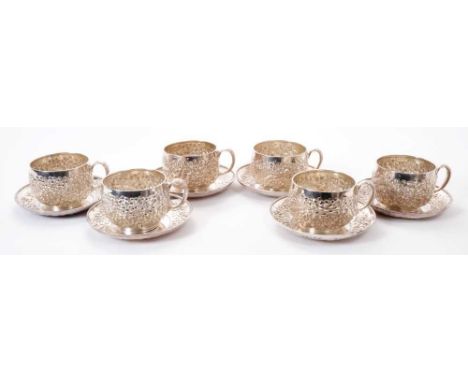 Set of six American silver cups and saucers by Tiffany &amp; Co., Charles L Tiffany period, 1891-1902, numbered 2942 T 6208, 