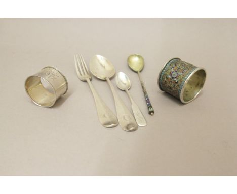 Russian Silver & Enamel Spoon,Napkin Ring, Spoon & Fork,Napkin Ring & Spoon