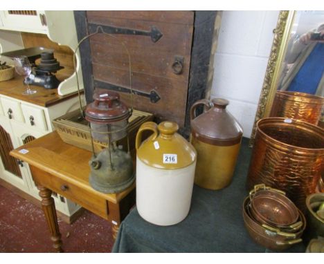 2 stoneware flagons & oil lamp