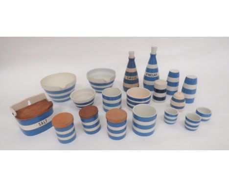 Good Selection of Blue and White Cornish Ware Chinaincluding wall hanging salt pot with wooden lid ... 2 x mixing bowls ... 2