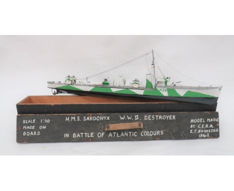 Period Scale Model Of HMS Sardonyx34 inch, tin hull with camouflage paintwork with Naval code "H26".  Painted tin deck with t