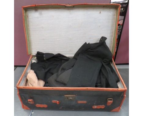 Leather Bound Travelling Trunk and Vintage Clothing trunk containing a number of vintage clothing items including: Frock Coat
