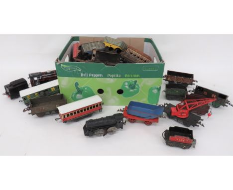 Selection of 0 Gauge Hornby Meccano Trains and Trackincluding pressed tin clockwork engine . Rolling stock crane ... Tender .