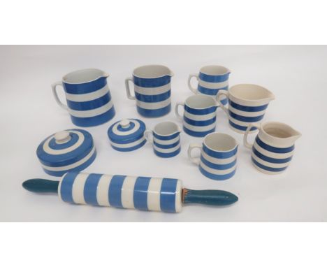 Selection of Blue and White Cornish Ware Chinaincluding rolling pin with wooden handles ... 8 x jugs of various sizes ... 2 x