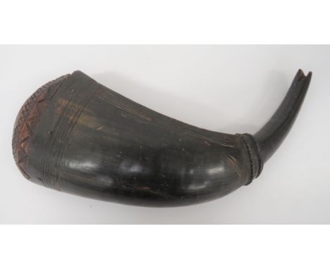 Large Buffalo Horn Flaskblack polished, curved horn flask with rib carved mount and line inscribed decoration.  Polished wood