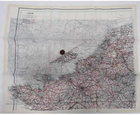 WW2 Silk Escape Map and Composite Button Compasscolour printed, double sided, "C/D" map covering English Channel, France, Bel