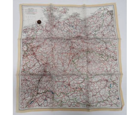 WW2 Silk Escape map and Composite Button Compasscolour printed, single sided, "A" map covering North Germany, Holland, Switze