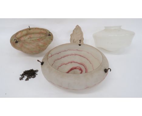 Four Various 20th Century Light Shadesconsisting red and white, marble effect, glass shade with side mounted hook fittings ..