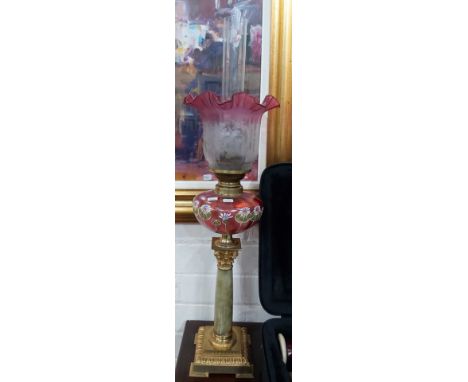ANTIQUE OIL LAMP WITH RUBY &amp; ETCHED SHADE