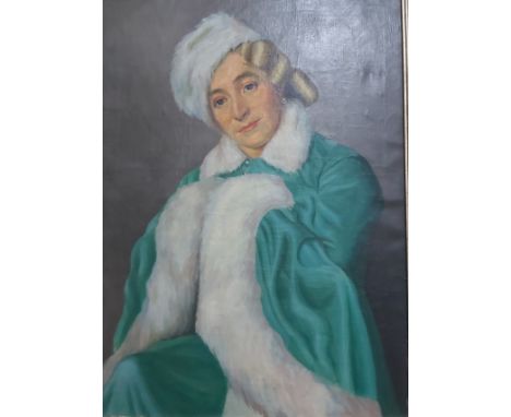 UNSIGNED OIL ON CANVAS - PORTRAIT IN GREEN - 34 X 25