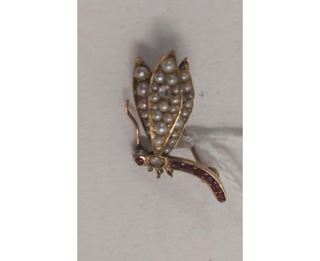 ANTIQUE 9 CARAT GOLD DIAMOND, RUBY &amp; SEED PEARL DRAGONFLY BROOCH