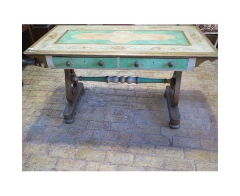 A decorated painted two drawer stretcher sofa table on lyre end supports - Height 74cm x 137cm x 70cm 