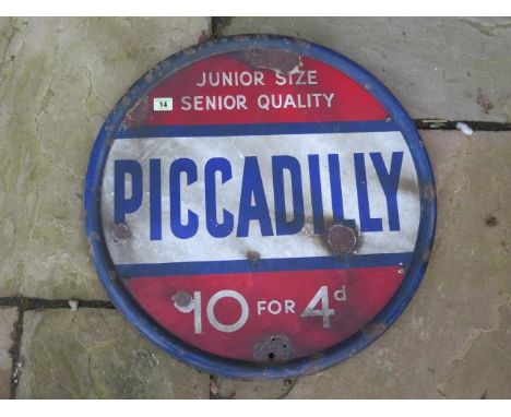 A double sided Picadilly Cigarettes enamel circular sign - Diameter 59cm - some wear and holes 
