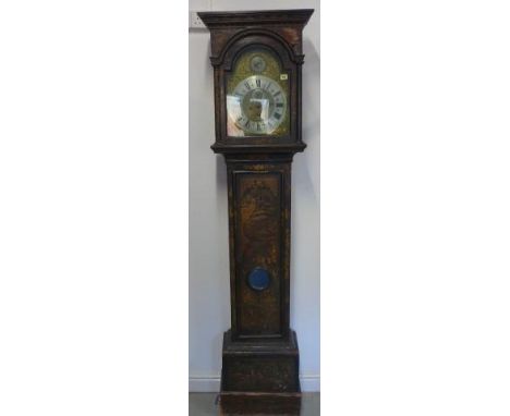 A George III 8 day striking chinoiserie longcase clock with an arched 12 inch brass dial with secondary dial and calendar sig