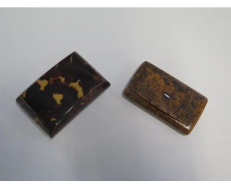 A 19th century tortoiseshell snuff box - Length 7cm - small chips but generally good - and a burr wood tortoiseshell lined sn