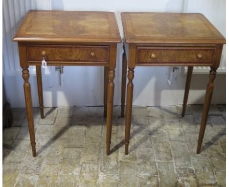 A pair of new burr oak lamp tables with a drawer on turned legs - made by a local craftsman to a high standard - Height 77cm 