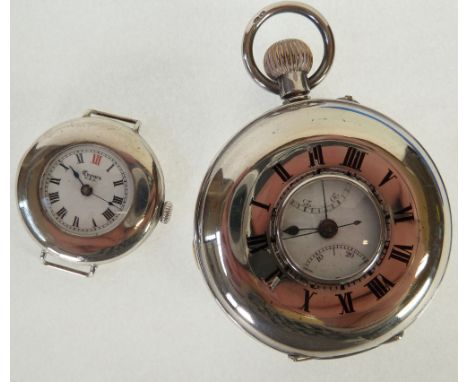 SILVER DEMI HUNTER POCKET WATCH, keyless movement, porcelain roman dial with seconds and minuets dials, the case enamelled wi