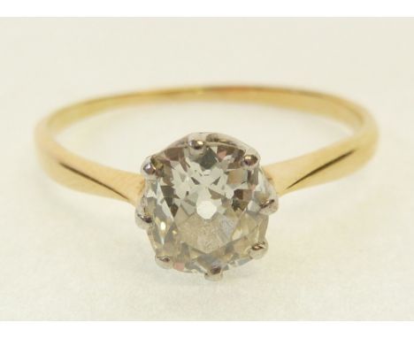 SOLITAIRE DIAMOND RING, claw set with an old cushion cut diamond, 0.85ct approx., with tapered shoulders, D-shaped gold band,