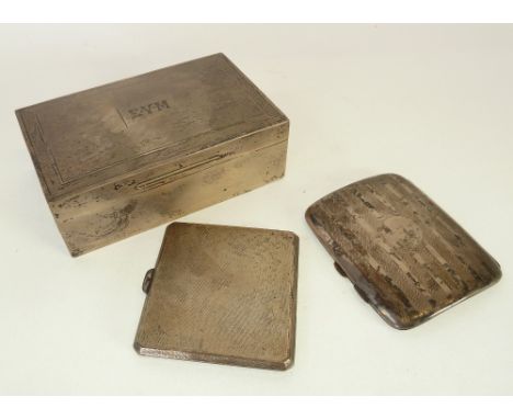 ENGINE TURNED SILVER CASED TABLE CIGARETTE BOX, Birmingham 1941, lid monogrammed, 1 ¾" x 5 ½" x 3 ½" (4.5cm x 14cm x 8.9cm), 