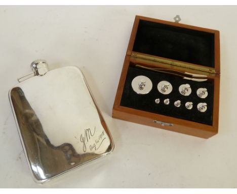 LARGE ELECTROPLATED HIP FLASK, with screw-off hinged cap, 6 &frac14;" (15.8cm) long, presentation inscription, AND A CASED SE