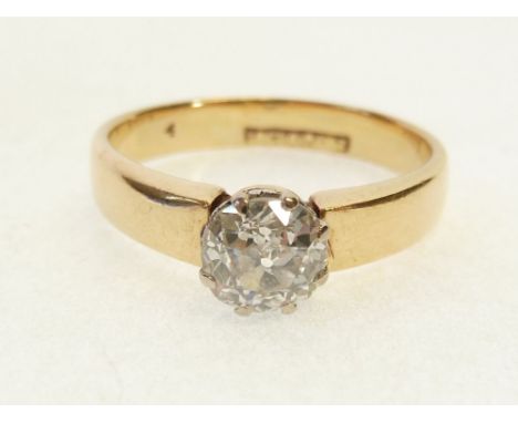 STAMPED 18CT GOLD SOLITAIRE DIAMOND RING, claw set with an old cut diamond, 0.71ct approx., to the broad d-shaped band, 5.5g