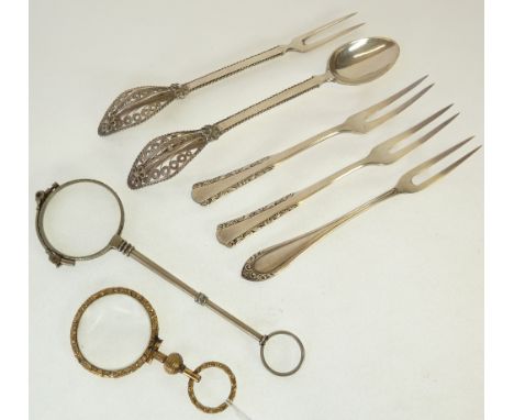 800 STANDARD SILVER HORS D'OURVES FORK, with filigree top AND MATCHING SPOON, TWO WMF HORS D'OURVES FORKS AND ANOTHER FORK, A