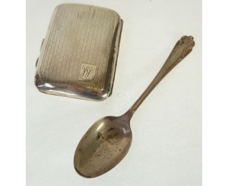 *ENGINE TURNED SILVER CURVED OBLONG CIGARETTE CASE, Birmingham 1928, AND A SILVER TEASPOON, Sheffield 1926, 2.27oz (2)