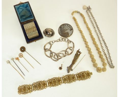 COSTUME JEWELLERY, to include, SMALL 9CT GOLD GEM SET PENDANT, 0.7g, A SILVER LINK BRACELET, SILVER MOUNTED AND PASTE SET PTA