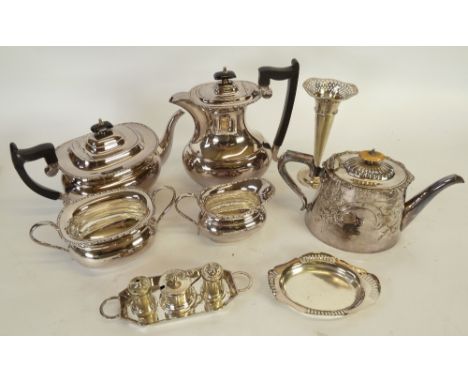 A FOUR PIECE E.P.N.S. TEA AND COFFEE SERVICE, A PLATED CAKE BASKET, a plated condiment set  on stand, a PLATED FLOWER VASE an