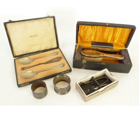 TWO SILVER NAPKIN RINGS, various, 2oz, A CASED CHILD'S ELECTROPLATED HAIRBRUSH AND COMB SET, A CASED SET OF PRESERVES SPOONS 