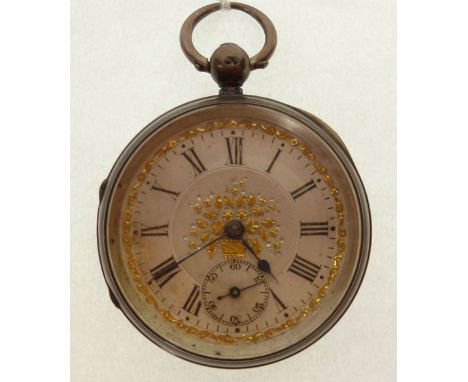 VICTORIAN SILVER CASED OPEN FACED POCKET WATCH, key wind movement, silvered roman dial, with seconds dial and gilt floral dec