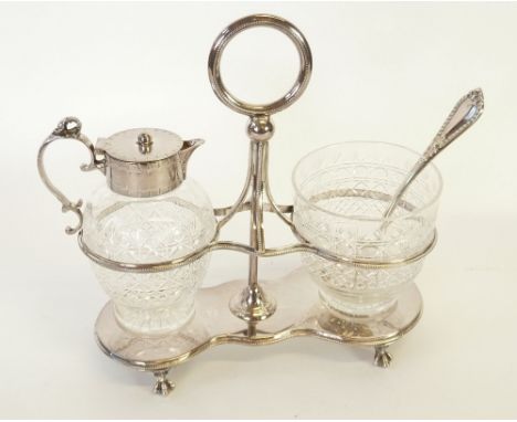 AN ATTRACTIVE LATE VICTORIAN SILVER PLATED AND CUT GLASS STRAWBERRY ACCOMPANIMENT,  the stand holding a SUGAR BOWL with origi