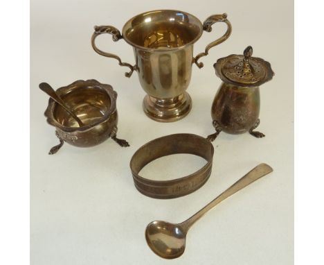 TWO HANDLED SILVER TROPHY CUP, 3" (7.6cm) high, Sheffield 1932, A TWO PIECE CONDIMENT SET, WITH SPOON, Chester 1907, A NINETE