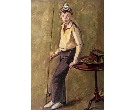 Y PHILIP NAVIASKY (1894-1983)Boy with Fishing Rod, signed lower right, inscribed with title verso, oil on board, 36" x 23 1/2