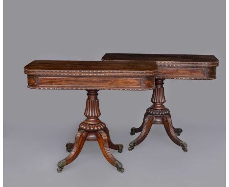 A GILLOWS REGENCY MAHOGANY FOLDING CARD TABLE, early 19th century, the rounded oblong bead and reel edged top opening to a la