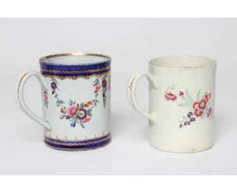 A WORCESTER PORCELAIN SMALL MUG, c.1770, of plain cylindrical form painted in polychrome enamels with garlands of flowers hun