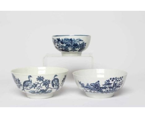 THREE WORCESTER PORCELAIN BOWLS, various dates, comprising Birds in Branches, hatched crescent, 6 1/4" diameter, Plantation, 