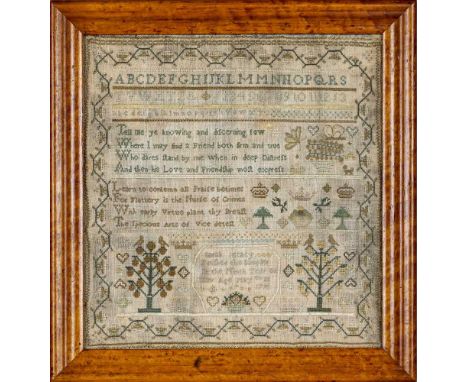 A GEORGE III SAMPLER worked by Sarah Stacy in coloured wool on a coarse weave with upper and lower case alphabet, a moralisti
