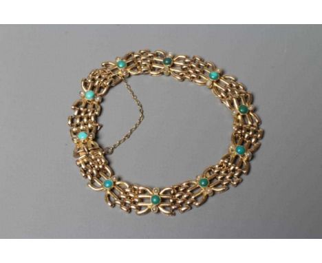 A LATE VICTORIAN FANCY GATE LINK BRACELET, each four bar gate centred by a collet set small turquoise bead flanked by two see