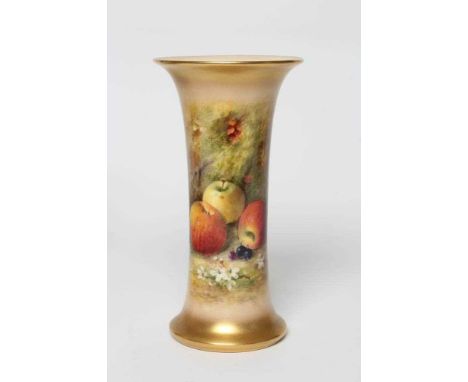 A ROYAL WORCESTER CHINA VASE, 1927, of waisted cylindrical form painted by William Ricketts with a still life vignette of thr