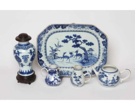 A COLLECTION OF CHINESE BLUE AND WHITE PAINTED PORCELAIN comprising a canted oblong meat dish with two deer in landscape, 14"