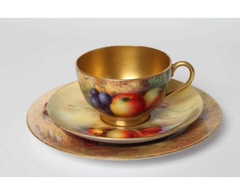A ROYAL WORCESTER CHINA TEA CUP AND SAUCER, 1930, painted by W. Bee with still lifes of two peaches and cherries, and two app