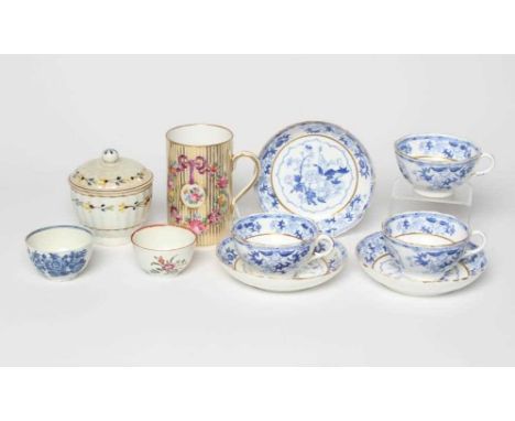 A SET OF THREE GRAINGER &amp; CO. WORCESTER CHINA TEACUPS AND SAUCERS, c.1850, printed in underglaze blue with rare script ma