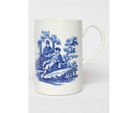 A WORCESTER PORCELAIN LA PECH AND PROMENADE LARGE MUG, c.1775, of plain cylindrical form, underglaze blue crescent, 5 3/4" hi